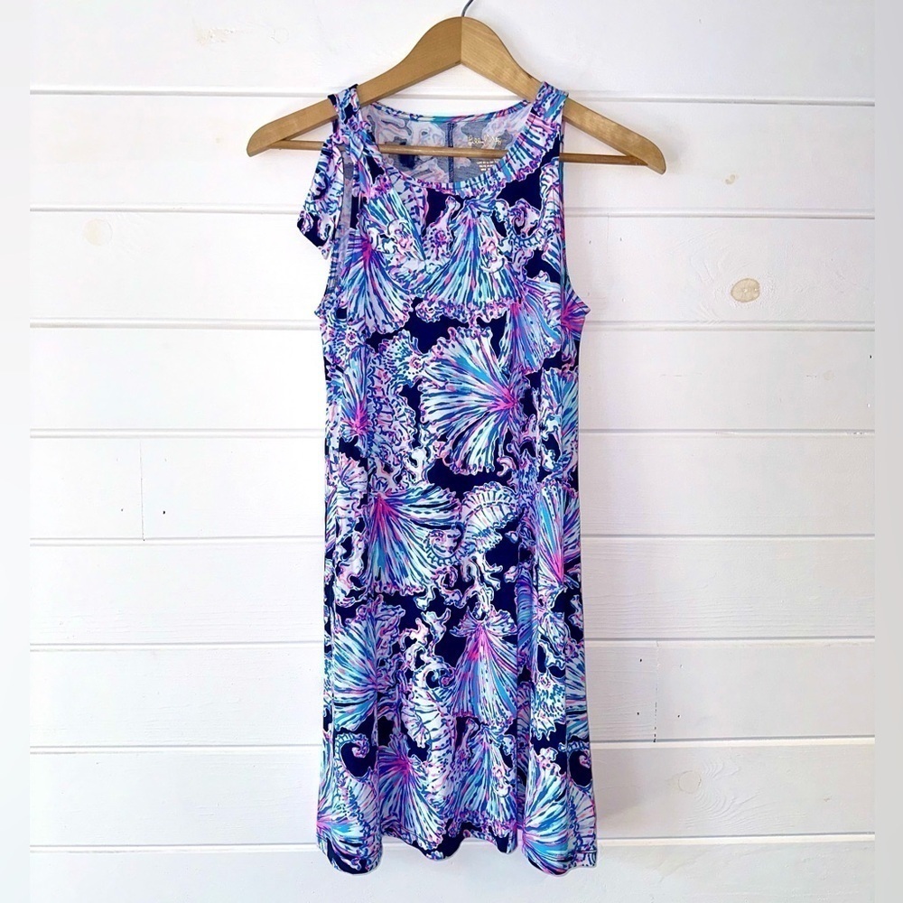 Lilly Pulitzer Luella Tropical Resortwear Dress in Deep Sea Navy Shells Bells XS